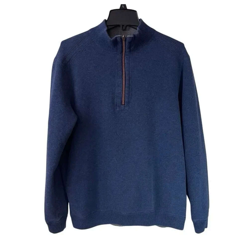Tommy Bahama 1/4 Zip Sweater Mens Large Gray Blue Reversible Pullover Casual